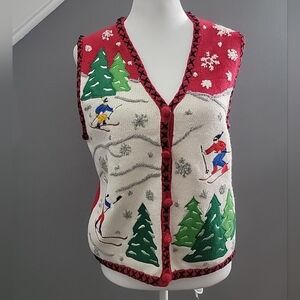 Lord & Taylor Ski Winter Holiday Knit Sweater Vest Med Button Front Festive VTG